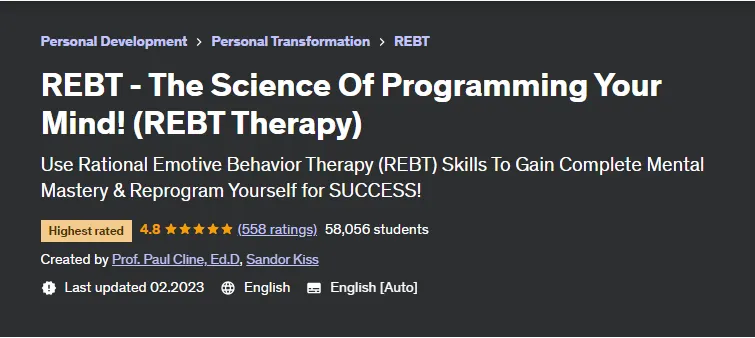 Скачать курс «[Udemy] РЭПТ – наука программирования вашего разума! РЭПТ-терапия (Paul Cline, Sandor Kiss)» — слив курса