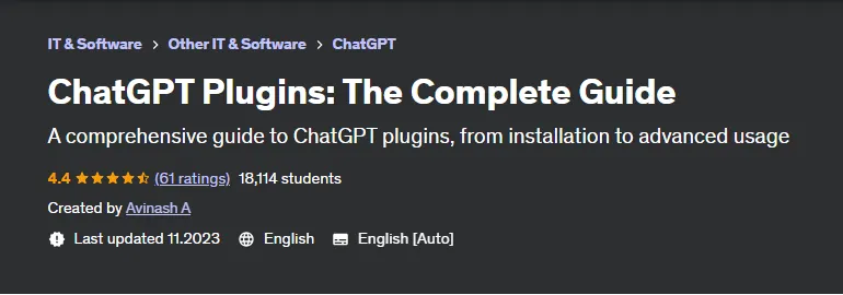 Скачать курс «[Udemy] Плагины ChatGPT: полное руководство (Avinash A, Авинаш А)» — слив курса
